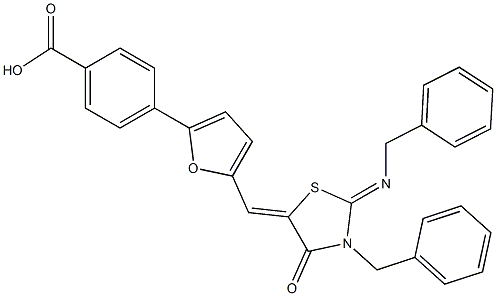 4-(5-{[3-benzyl-2-(benzylimino)-4-oxo-1,3-thiazolidin-5-ylidene]methyl}-2-furyl)benzoic acid Structure