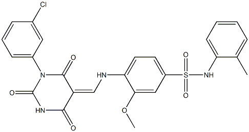 4-{[(1-(3-chlorophenyl)-2,4,6-trioxotetrahydro-5(2H)-pyrimidinylidene)methyl]amino}-3-methoxy-N-(2-methylphenyl)benzenesulfonamide Structure