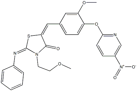 5-[4-({5-nitro-2-pyridinyl}oxy)-3-methoxybenzylidene]-3-(2-methoxyethyl)-2-(phenylimino)-1,3-thiazolidin-4-one Struktur