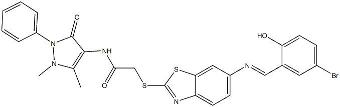 2-({6-[(5-bromo-2-hydroxybenzylidene)amino]-1,3-benzothiazol-2-yl}sulfanyl)-N-(1,5-dimethyl-3-oxo-2-phenyl-2,3-dihydro-1H-pyrazol-4-yl)acetamide Structure