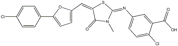 2-chloro-5-[(5-{[5-(4-chlorophenyl)-2-furyl]methylene}-3-methyl-4-oxo-1,3-thiazolidin-2-ylidene)amino]benzoic acid|