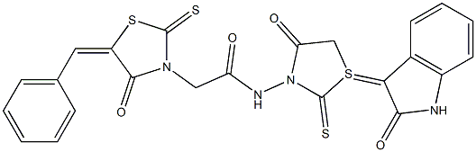 2-(5-benzylidene-4-oxo-2-thioxo-1,3-thiazolidin-3-yl)-N-[4-oxo-1-(2-oxo-1,2-dihydro-3H-indol-3-ylidene)-2-thioxo-1lambda~4~,3-thiazolidin-3-yl]acetamide Struktur