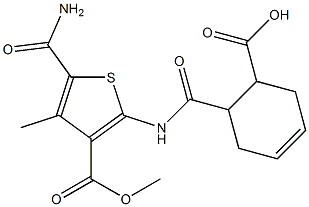 6-({[5-(aminocarbonyl)-3-(methoxycarbonyl)-4-methylthien-2-yl]amino}carbonyl)cyclohex-3-ene-1-carboxylic acid Structure