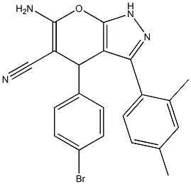 6-amino-4-(4-bromophenyl)-3-(2,4-dimethylphenyl)-1,4-dihydropyrano[2,3-c]pyrazole-5-carbonitrile Struktur