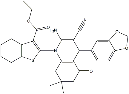 ethyl 2-(2-amino-4-(1,3-benzodioxol-5-yl)-3-cyano-7,7-dimethyl-5-oxo-5,6,7,8-tetrahydro-1(4H)-quinolinyl)-4,5,6,7-tetrahydro-1-benzothiophene-3-carboxylate