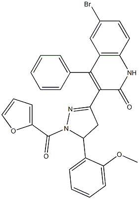 6-bromo-3-[1-(2-furoyl)-5-(2-methoxyphenyl)-4,5-dihydro-1H-pyrazol-3-yl]-4-phenyl-2(1H)-quinolinone Structure