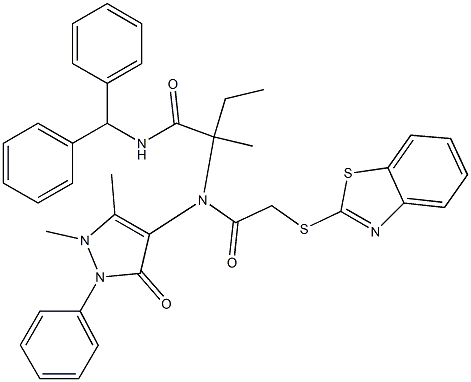 N-benzhydryl-2-[[(1,3-benzothiazol-2-ylsulfanyl)acetyl](1,5-dimethyl-3-oxo-2-phenyl-2,3-dihydro-1H-pyrazol-4-yl)amino]-2-methylbutanamide Struktur