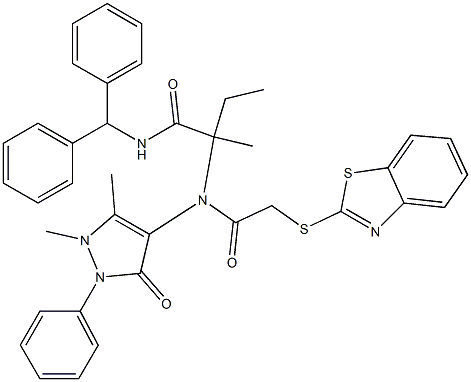 N-benzhydryl-2-[[(1,3-benzothiazol-2-ylsulfanyl)acetyl](1,5-dimethyl-3-oxo-2-phenyl-2,3-dihydro-1H-pyrazol-4-yl)amino]-2-methylbutanamide Structure