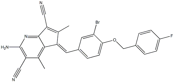 2-amino-5-{3-bromo-4-[(4-fluorobenzyl)oxy]benzylidene}-4,6-dimethyl-5H-cyclopenta[b]pyridine-3,7-dicarbonitrile 化学構造式