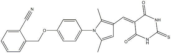2-[(4-{3-[(4,6-dioxo-2-thioxotetrahydro-5(2H)-pyrimidinylidene)methyl]-2,5-dimethyl-1H-pyrrol-1-yl}phenoxy)methyl]benzonitrile Struktur