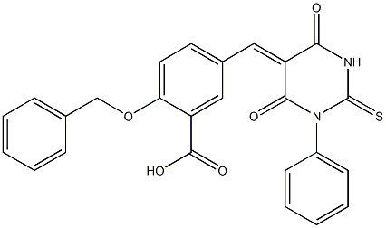 2-(benzyloxy)-5-[(4,6-dioxo-1-phenyl-2-thioxotetrahydro-5(2H)-pyrimidinylidene)methyl]benzoic acid 结构式