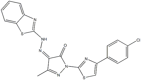 1-[4-(4-chlorophenyl)-1,3-thiazol-2-yl]-3-methyl-1H-pyrazole-4,5-dione 4-[N-(1,3-benzothiazol-2-yl)hydrazone] Struktur