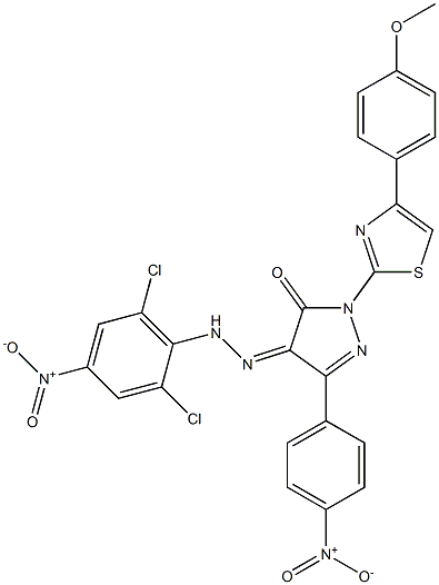 1-[4-(4-methoxyphenyl)-1,3-thiazol-2-yl]-3-(4-nitrophenyl)-1H-pyrazole-4,5-dione 4-[N-(2,6-dichloro-4-nitrophenyl)hydrazone] Structure