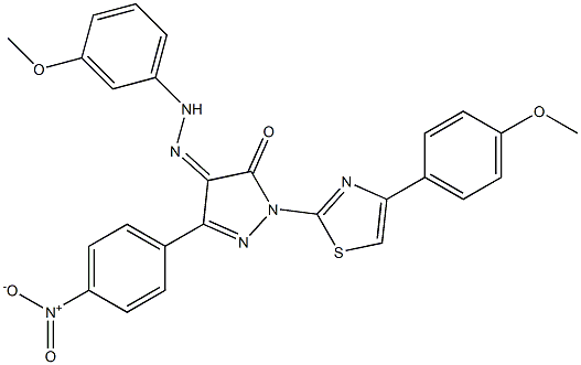 1-[4-(4-methoxyphenyl)-1,3-thiazol-2-yl]-3-(4-nitrophenyl)-1H-pyrazole-4,5-dione 4-[N-(3-methoxyphenyl)hydrazone] 化学構造式