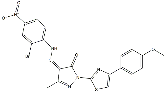1-[4-(4-methoxyphenyl)-1,3-thiazol-2-yl]-3-methyl-1H-pyrazole-4,5-dione 4-[N-(2-bromo-4-nitrophenyl)hydrazone] 结构式