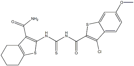 2-[({[(3-chloro-6-methoxy-1-benzothiophen-2-yl)carbonyl]amino}carbothioyl)amino]-4,5,6,7-tetrahydro-1-benzothiophene-3-carboxamide Struktur