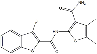 N-[3-(aminocarbonyl)-4,5-dimethyl-2-thienyl]-3-chloro-1-benzothiophene-2-carboxamide,,结构式