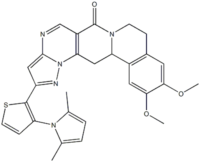 2-[3-(2,5-dimethyl-1H-pyrrol-1-yl)-2-thienyl]-11,12-dimethoxy-8,9,13b,14-tetrahydro-6H-pyrazolo[5'',1'':2',3']pyrimido[4',5':4,5]pyrido[2,1-a]isoquinolin-6-one 结构式