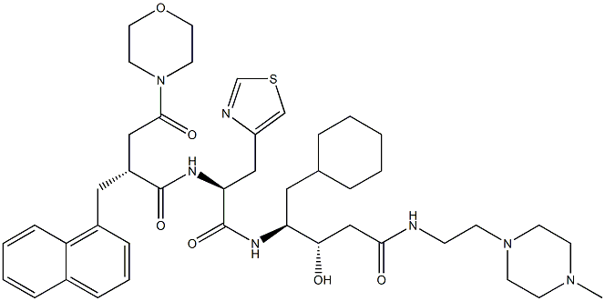 (3S,4S)-3-ヒドロキシ-5-シクロヘキシル-4-[[(2S)-3-(4-チアゾリル)-2-[[(2R)-2-[モルホリノカルボニルメチル]-3-(1-ナフタレニル)プロピオニル]アミノ]プロピオニル]アミノ]-N-[2-(4-メチル-1-ピペラジニル)エチル]バレルアミド 化学構造式