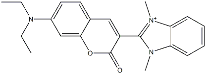 1,3-Dimethyl-2-[7-(diethylamino)-2-oxo-2H-1-benzopyran-3-yl]-3H-benzimidazol-1-ium,,结构式