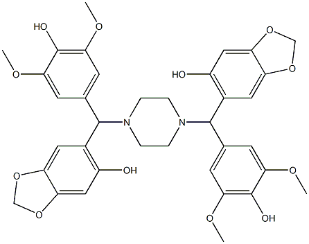 6,6'-[(1,4-Piperazinediyl)bis[(4-hydroxy-3,5-dimethoxyphenyl)methylene]]bis[1,3-benzodioxol-5-ol] 结构式