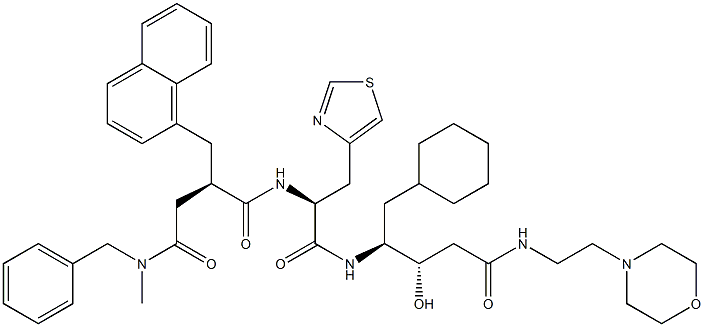 (3S,4S)-3-Hydroxy-5-cyclohexyl-4-[[(2S)-3-(4-thiazolyl)-2-[[(2R)-2-[N-benzyl-N-methylaminocarbonylmethyl]-3-(1-naphthalenyl)propionyl]amino]propionyl]amino]-N-(2-morpholinoethyl)valeramide Structure