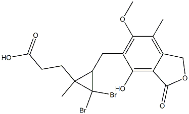 2,2-Dibromo-3-[(4-hydroxy-6-methoxy-7-methyl-3-oxo-5-phthalanyl)methyl]-1-methylcyclopropane-1-propionic acid,,结构式