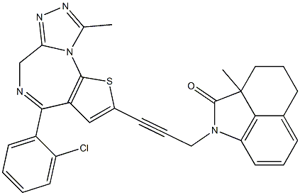 4-(2-クロロフェニル)-9-メチル-2-[3-[(1,2,2a,3,4,5-ヘキサヒドロ-2a-メチル-2-オキソベンゾ[cd]インドール)-1-イル]-1-プロピニル]-6H-チエノ[3,2-f][1,2,4]トリアゾロ[4,3-a][1,4]ジアゼピン 化学構造式