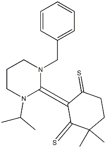 4,4-Dimethyl-2-[(1-benzyl-3-isopropylhexahydropyrimidin)-2-ylidene]cyclohexane-1,3-dithione Structure