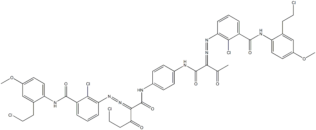 3,3'-[2-(クロロメチル)-1,4-フェニレンビス[イミノカルボニル(アセチルメチレン)アゾ]]ビス[N-[2-(2-クロロエチル)-4-メトキシフェニル]-2-クロロベンズアミド] 化学構造式