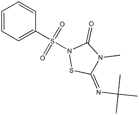 4-メチル-2-(フェニルスルホニル)-5-(tert-ブチルイミノ)-4,5-ジヒドロ-1,2,4-チアジアゾール-3(2H)-オン 化学構造式