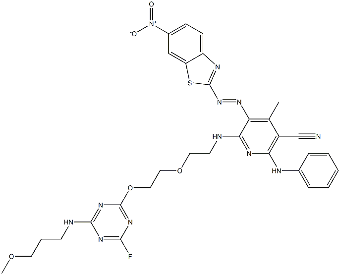 2-[6-Anilino-5-cyano-2-[2-[2-[4-fluoro-6-(3-methoxypropylamino)-1,3,5-triazin-2-yloxy]ethoxy]ethylamino]-4-methyl-3-pyridylazo]-6-nitrobenzothiazole,,结构式