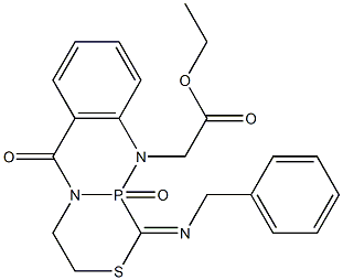 [9-(Ethoxycarbonylmethyl)-1-(benzylimino)-1,2,3,4,4a,9a-hexahydro-2-thia-4a,9-diaza-9a-phosphaanthracen-10(9H)-one]9a-oxide 结构式