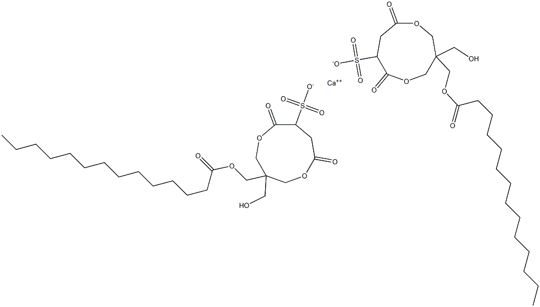 ビス[1-(ミリストイルオキシメチル)-1-(ヒドロキシメチル)-4,7-ジオキソ-3,8-ジオキサシクロノナン-6-スルホン酸]カルシウム 化学構造式