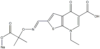 2-[[2-(Sodiooxycarbonyl)propan-2-yl]oxyiminomethyl]-7-ethyl-4,7-dihydro-4-oxothieno[2,3-b]pyridine-5-carboxylic acid 结构式