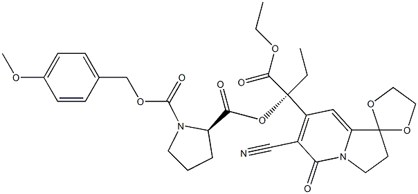 6-Cyano-7-[(R)-1-ethoxycarbonyl-1-[[(2R)-1-[(4-methoxybenzyloxy)carbonyl]-2-pyrrolidinyl]carbonyloxy]propyl]-2,3-dihydrospiro[indolizine-1,2'-[1,3]dioxolan]-5-one Structure