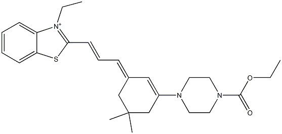2-[3-[3-[4-(Ethoxycarbonyl)piperazino]-5,5-dimethyl-2-cyclohexen-1-ylidene]-1-propenyl]-3-ethylbenzothiazol-3-ium,,结构式