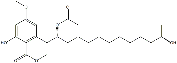 2-ヒドロキシ-4-メトキシ-6-[(2R,12S)-2-アセトキシ-12-ヒドロキシトリデシル]安息香酸メチル 化学構造式