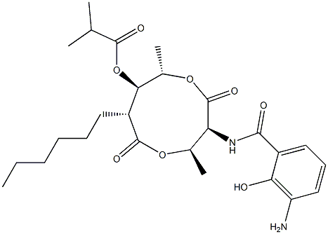 2-Methylpropanoic acid (3S,4R,7R,8R,9S)-3-[(3-amino-2-hydroxybenzoyl)amino]-4,9-dimethyl-2,6-dioxo-7-hexyl-1,5-dioxonan-8-yl ester Structure