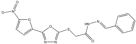 N2-ベンジリデン-2-[5-(5-ニトロ-2-フリル)-1,3,4-オキサジアゾール-2-イルチオ]アセトヒドラジド 化学構造式