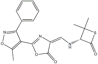 (R)-4,4-Dimethyl-3-[[2-(5-methyl-3-phenylisoxazol-4-yl)-5-oxo-4,5-dihydrooxazol]-4-ylidenemethylamino]thietan-2-one Struktur