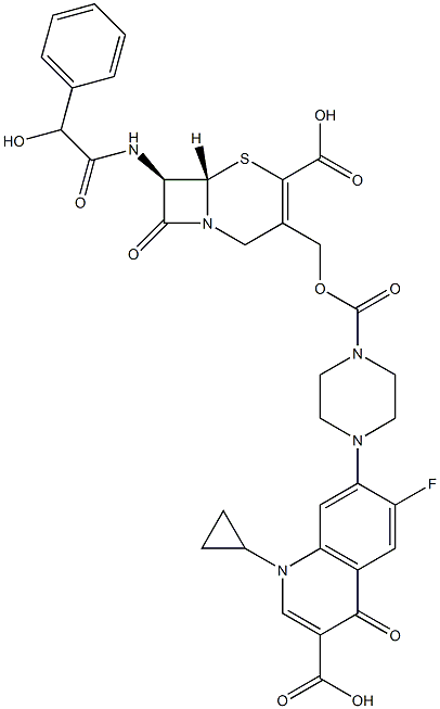 (7R)-7-[[(2R)-ヒドロキシフェニルアセチル]アミノ]-3-[[4-[(1-シクロプロピル-6-フルオロ-3-カルボキシ-1,4-ジヒドロ-4-オキソキノリン)-7-イル]-1-ピペラジニルカルボニルオキシ]メチル]セファム-3-エン-4-カルボン酸 化学構造式