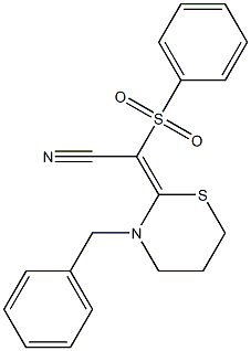 2-[(Phenylsulfonyl)(cyano)methylene]-3-benzyl-3,4,5,6-tetrahydro-2H-1,3-thiazine 结构式