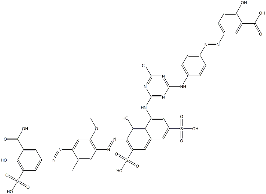 5-[4-[8-[4-[p-(3-カルボキシ-4-ヒドロキシフェニルアゾ)アニリノ]-6-クロロ-1,3,5-トリアジン-2-イルアミノ]-1-ヒドロキシ-3,6-ジスルホナフタレン-2-イルアゾ]-2-メチル-5-メトキシフェニルアゾ]-2-ヒドロキシ-3-スルホ安息香酸 化学構造式