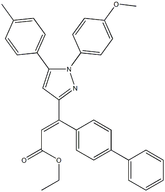 (E)-3-(4-フェニルフェニル)-3-[[1-(4-メトキシフェニル)-5-(4-メチルフェニル)-1H-ピラゾール]-3-イル]プロペン酸エチル 化学構造式