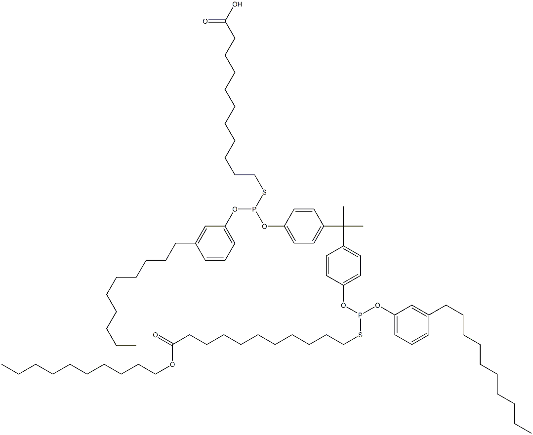 11,11'-[[イソプロピリデンビス(4,1-フェニレンオキシ)]ビス[[(3-デシルフェニル)オキシ]ホスフィンジイルチオ]]ビス(ウンデカン酸デシル) 化学構造式
