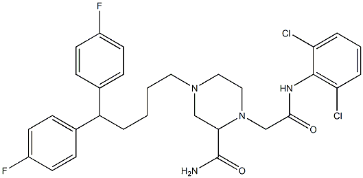N-(2,6-Dichlorophenyl)-2-(aminocarbonyl)-4-[5,5-bis(4-fluorophenyl)pentyl]piperazine-1-acetamide 结构式