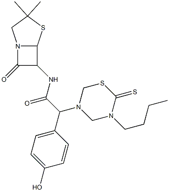 7-Oxo-3,3-dimethyl-6-[[[(tetrahydro-2-thioxo-3-butyl-2H-1,3,5-thiadiazin)-5-yl](4-hydroxyphenyl)acetyl]amino]-4-thia-1-azabicyclo[3.2.0]heptane Struktur