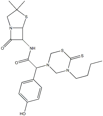 7-オキソ-3,3-ジメチル-6-[[[(テトラヒドロ-2-チオキソ-3-ブチル-2H-1,3,5-チアジアジン)-5-イル](4-ヒドロキシフェニル)アセチル]アミノ]-4-チア-1-アザビシクロ[3.2.0]ヘプタン 化学構造式