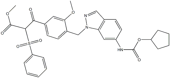 3-[4-[6-(Cyclopentyloxycarbonylamino)-1H-indazol-1-ylmethyl]-3-methoxyphenyl]-3-oxo-2-phenylsulfonylpropionic acid methyl ester Struktur